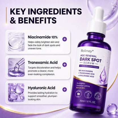 Rolimey® Age Renewal Dark Spot Serum — Infused with 10% Niacinamide, Tranexamic Acid & Hyaluronic Acid for Brighter, Smoother-Looking Mature Skin 🍀